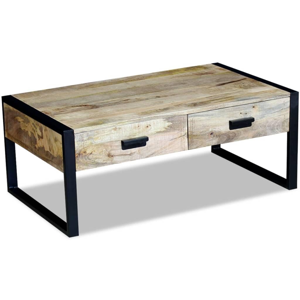 Couchtisch Massivholz Mango 100x60x40 cm - Rustikaler Wohnzimmertisch mit 2 Schubladen und Eisenbeinen, Retro Kaffeetisch aus Holz und Metall für das Wohnzimmer