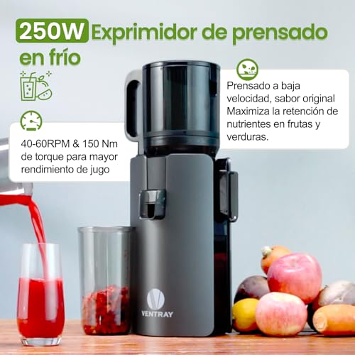Ventray Extractor de Zumos y Verduras | 120mm Slow Juicer | 1.2L Capacidad | Prensado en Frío | Doble Filtrado | Prensado Secundario | Sin BPA | 250W | Fácil Limpieza | Para Frutas y Verduras - Negro - imagen 4