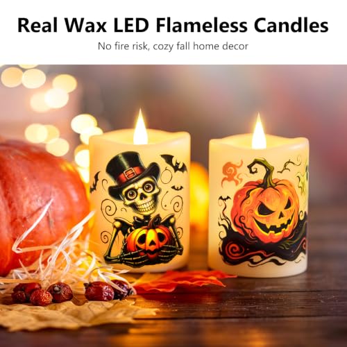 Image of 2-Pack 3x4 Flameless LED Candles,Halloween Candles, Real Wax, Timer, Remote, Battery Powered, Ideal for Halloween & Fall Home Decor,Ivory