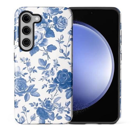Wqwaxxc Compatible with Samsung Galaxy S23 Plus Case,Glossy 2-in-1 Sleek All-Inclusive Dual-Layer Material Soft TPU + PC Back for Rose Fame Blue White Rose Floral