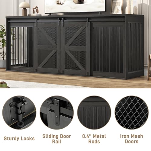87In Farmhouse Dog Crate TV Stand, Wooden Dog Kennel Furniture with Sliding Metal Mesh Barn Door, Large Dog Crate Furniture for 2 Dogs, Solid Metal Tube & 2 Lockable Doors, Black