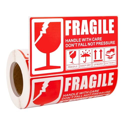 Etiquetas Adhesivas Frágil, 300 Pegatinas Rojas de Advertencia de 13 x 7 cm 'FRAGILE HANDLE WITH CARE' Calcomanías de envío con cuidado, artículo frágil, Proteger paquetes, embalaje