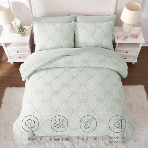 Image of Queen Comforter Set with Sheets for Girls-7 Pieces Bow Bed in A Bag | Soft Jacquard Queen Size Bedding Sets with Light Green Comforter, Pillowcases & Shams, 90 inch X 90 inch