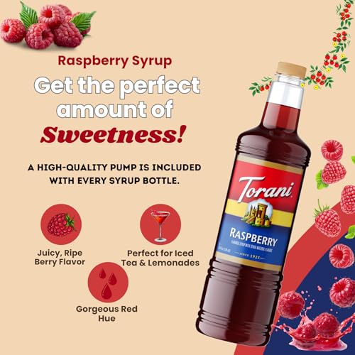 Image of Torani Raspberry Syrup 1L with Pump Berry Flavoring for Coffee & Lemonades