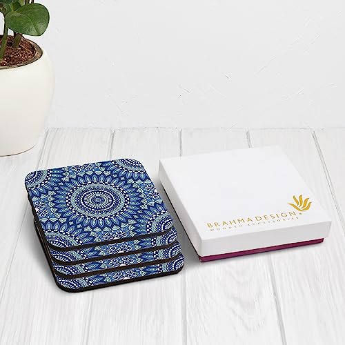 Image of Wooden Coaster Set with Gift Box | Blue Mandala 2 Design | Set of 4 Tabletop Square Coasters 3.75 inch x 3.75 inch | Kitchen Table Wooden Decorative Items | for Cups, Mugs, Cans, Glasses