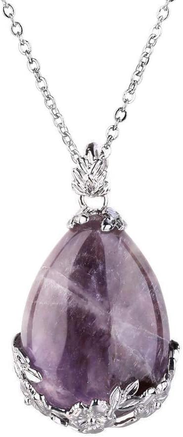 Natural Gemstone Teardrop Pendant Carved Flower Necklace Healing Crystal Chakra Jewelry for Women