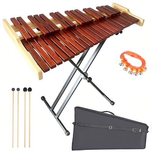 Image of 37 Note Xylophone Professional Wooden Glockenspiel, Upgraded Arched Frame for Better Resonance, with Height Adjustable Stand, 4 Mallets, Hand Bell and Carry Bag (Natural)
