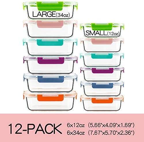 Glass Food Storage Containers 12-Pack with Multicolor Lids for Kitchen Use, Glass Containers for Meal Prep, Airtight & Leak Proof