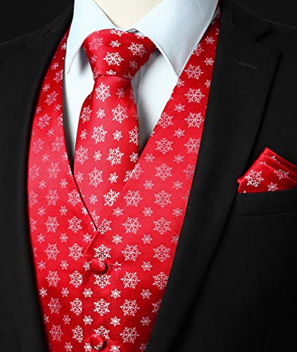 HISDERN Men's Suit Vest Christmas Holiday Season Party Jacquard Waistcoats Necktie Pocket Square Vest Suit Set2