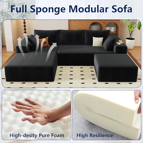 Image of 96 inch Modular Sectional Sofa with Ottoman, Modern Corduroy Cloud Couch with Deep Seat, Boneless Couch Upholstered 3-Seater U-Shaped Sofa for Living Room, No Assembly (Black, Left-Facing Chaise)