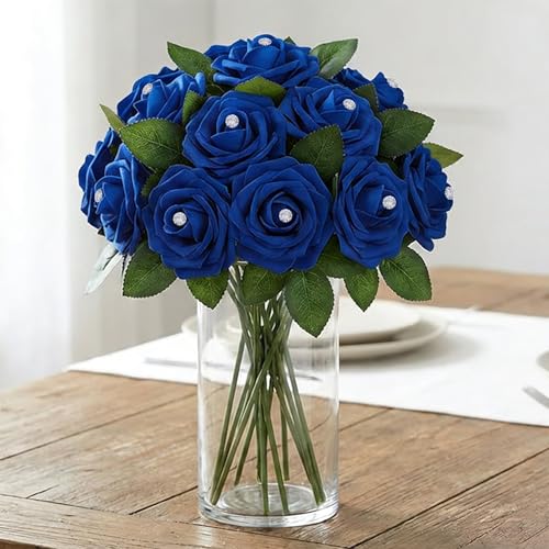 Image of 100Pcs Real Looking Royal Blue with Diamonds Artificial Rose Flower Heads, Foam Fake Roses for DIY Wedding Decorations Baby Shower Centerpieces Home Party Valentine's Day Mother's Day Decor