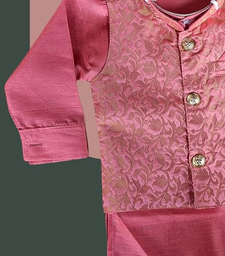 Image of Little Kids Ethnic Wear Kurta Pyjama and Waistcoat Set For Boys | Stylish Ethnic Wear | 3-piece set | Silk and Cotton Blend Fabric