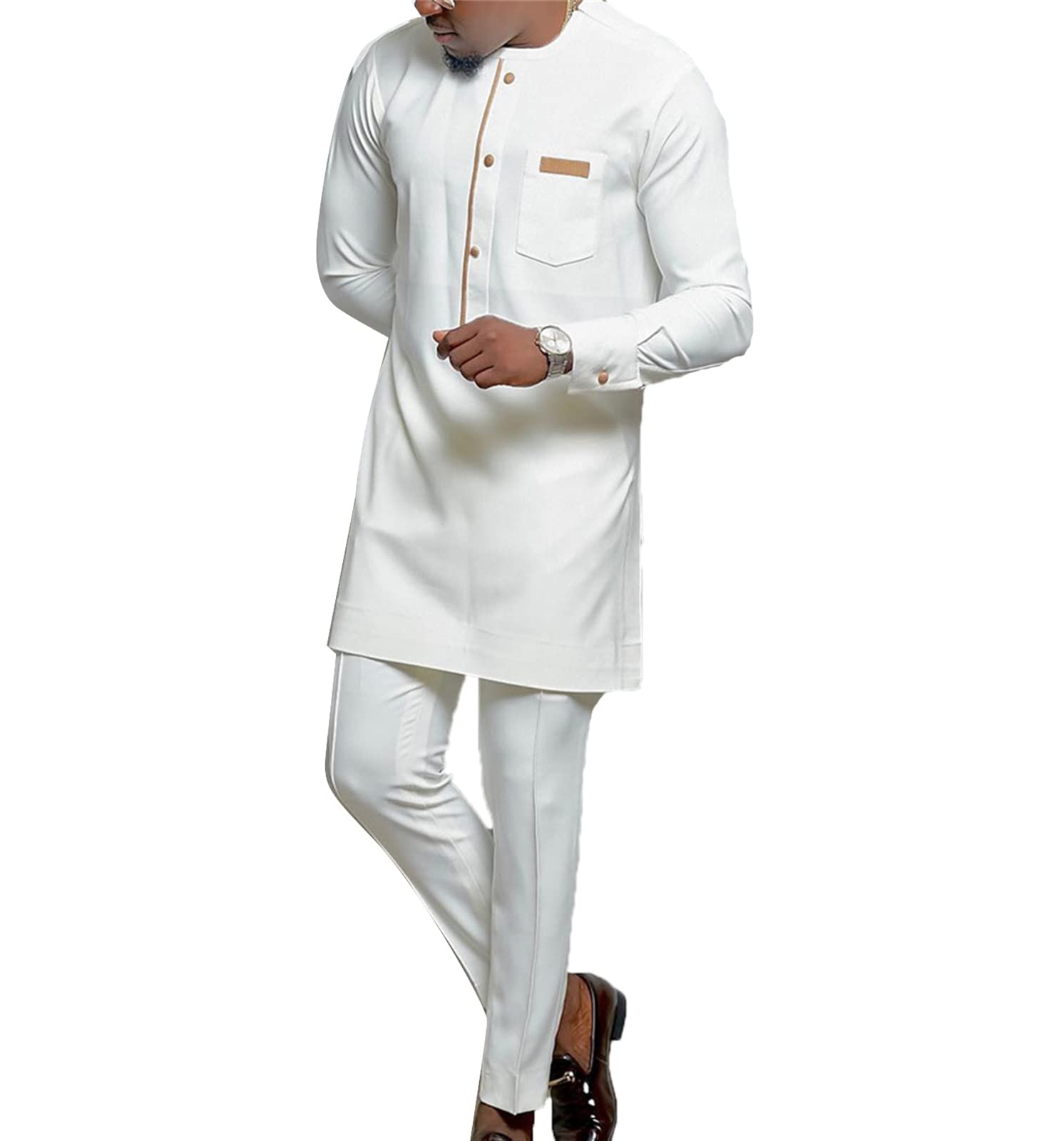 Rxears Men's # 16 African Long Sleeve Kurta 2 Piece Set Dashiki Shirt + Pants Outfit Dress Suit Traditional Tracksuit