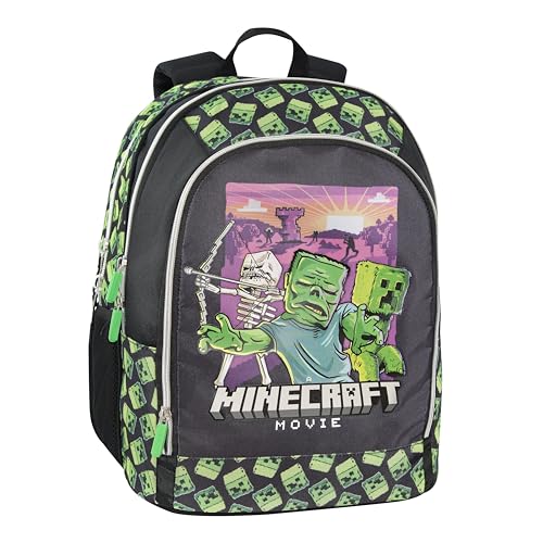 Franco Cosimo Panini Editore, ZAINO SCUOLA ORG.MINECRAFT MOVIE Unisex-Bambini e ragazzi, nero/verde, Medio