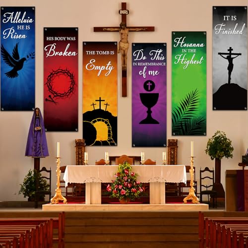 6Pcs Easter Church Banners for Sanctuary Wall Religious Hanging Backdrop Praise Hanging Sign Church Banner with Scripture Bible Verses Exquisite Banner for Holiday School Decor(Colorful Silhouette) by party greeting - Used condition - US$15.47