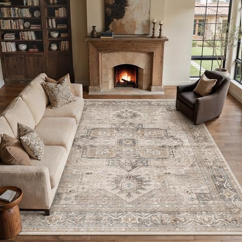 9x12 Washable Vintage Area Rug Brown Oriental Living Room Bedroom Throw Rug Neutral Non Slip Soft Low Pile Carpet for Dining Room Office Nursery Indoo