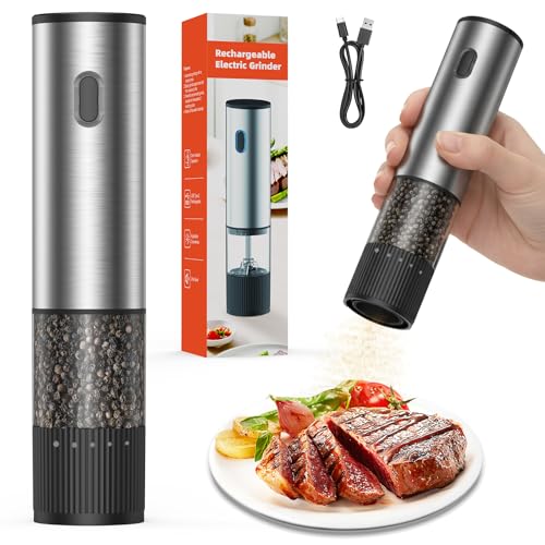 BZGG Electric Salt and Pepper Grinder, Rechargeable Pepper Mill with Adjustable Grind Coarseness, 60ml Refillable Salt Grinder, One-Touch Operation, Quiet Operation for Kitchen & Dining, Black