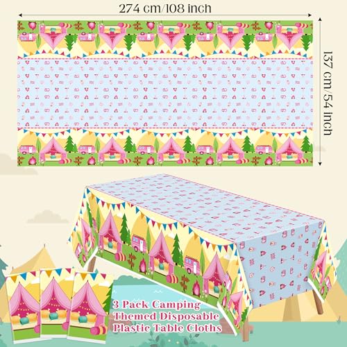 Image of Table Cover Party Decor - 3 Pack Pink Camping Themed Disposable Plastic Rectangle Table Cloths Birthday School Christmas Holiday Party Favors Classroom Decoration Supplies Games Activities