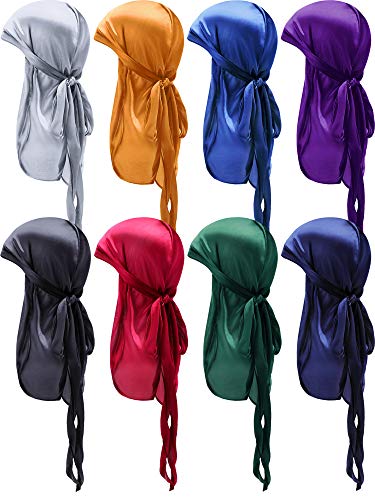 Image of Syhood 8 Pieces Satin Baby Durags Kids Satin Durag Caps Headwraps with Long Tail and Wide Straps for 360 Waves (Dark Color)
