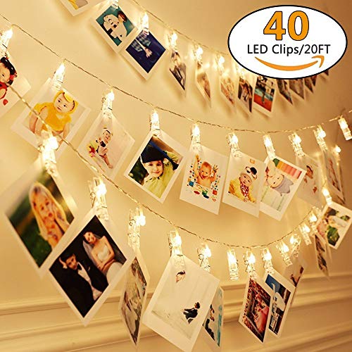 20Ft Battery Operated Indoor and Outdoor String Lights| with 40 LED Warm White Photo Clips| to Hang hold Photos, Artwork & Christmas Cards