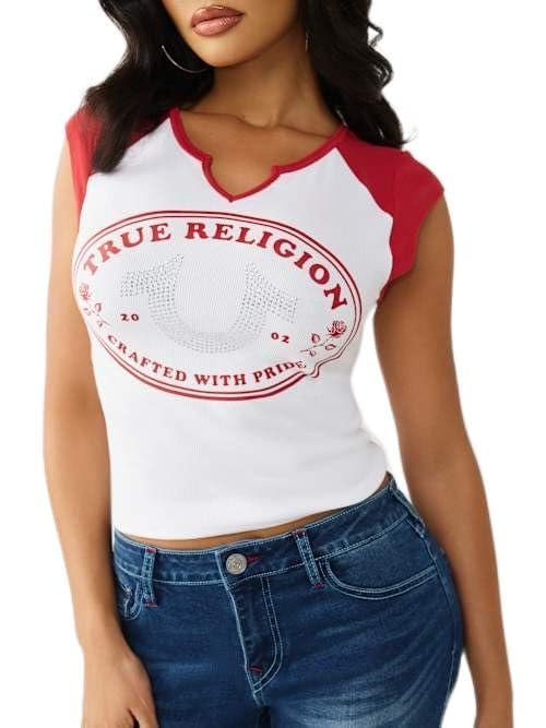 T-shirt True Religion femme Horseshoe rose multicolore XS : vêtement streetwear tendance