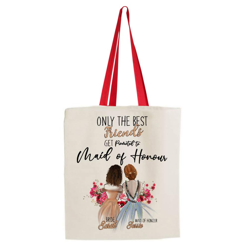 Personalised Wedding gift idea Only the Best Friends Get Promoted to Maid Of Honour themed Funny Tote Bag-Cotton Shopping Bag. (Red Handle)