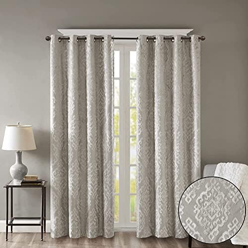 Sun Smart Mirage 100% Total Blackout Single Window Curtain, Knitted Jacquard Damask Room Darkening Curtain Panel with Grommet Top, 50 x 84 in, Silver