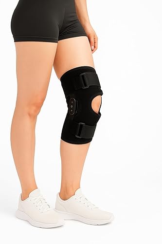 Comfyorthopedic Rodillera envolvente con bisagras, ajustable, de talla grande, con estabilizadores metálicos laterales extraíbles, alivio del dolor