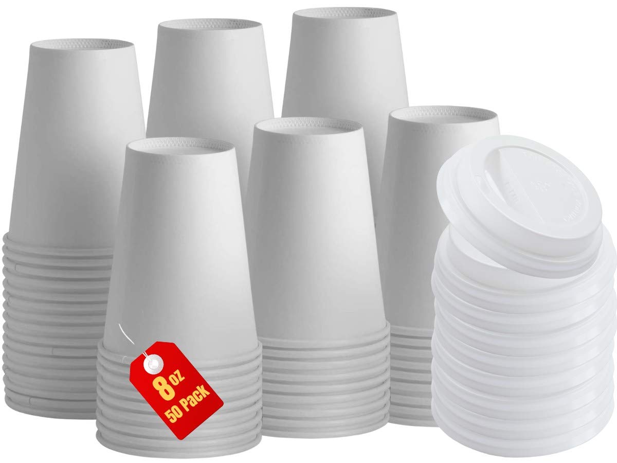 1InTheHomeDisposable Coffee Cups with Lids, 8oz Coffee Cups with Lids, Paper Coffee Cups, Disposable Cups, White, 50 Pack