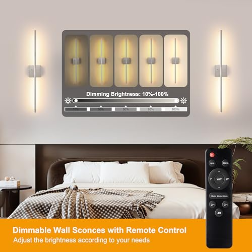 Image of 10000mAh Battery Operated Wall Sconces Set of 2, 3 Color Dimmable Rechargeable Wall Light with Remote, 24 Inch Sand-Nickel Wireless Sconces Wall Decor with Timer Function for Living Room, Bedroom, TV