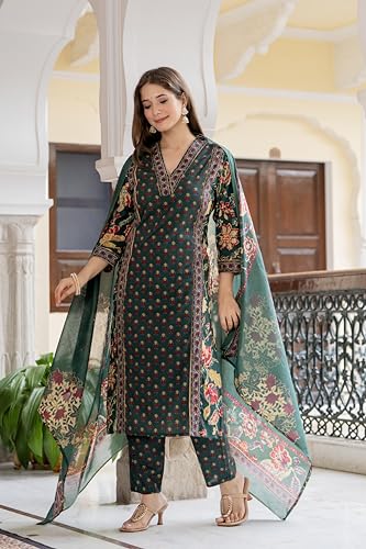 Image of MEERA FAB Women's Cotton Blend Straight Printed Kurta with Palazzo & Dupatta