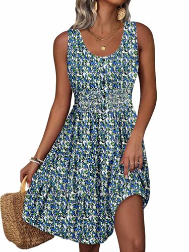 Image of Summer Dresses for Women Casual Sleeveless Sundresses Elastic Waist Mini Sun Dress