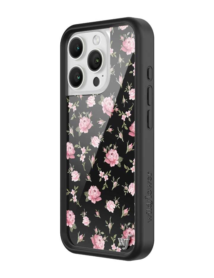 Image of Wildflower Cases - iPhone 16 Pro Compatible - Black and Pink Floral | Impact-Certified 6.5 ft Drop Protection Case, Raised Protective Bumper, Cute Aesthetic Design, Women-Owned Small Business