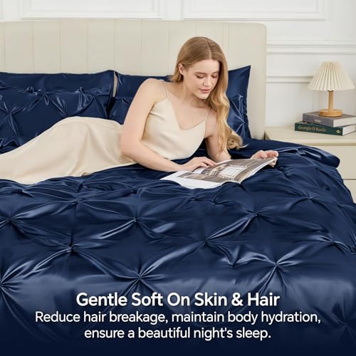 Image of BEDELITE Satin Comforter Set King Size, 7 Pieces Pintuck Bed in A Bag with Comforter, Flat Sheet, Fitted Sheet, Pillowcases, Shams, Soft Cozy Similar to Silk Bed Set for All Seasons (Navy)