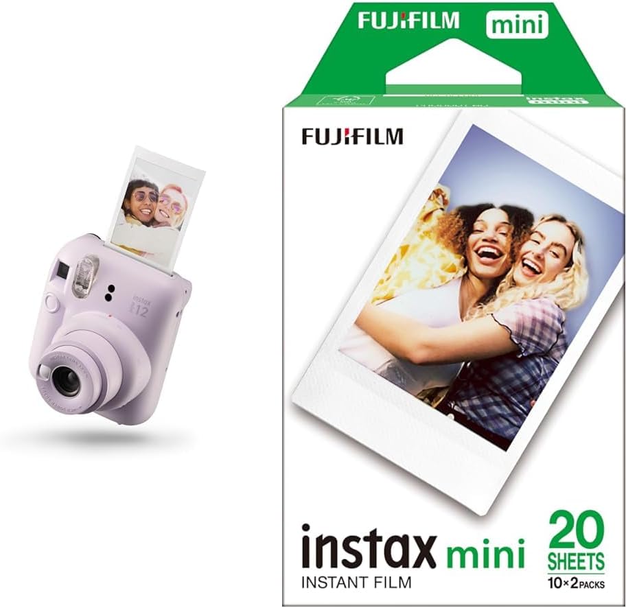 instax mini 12 instant film camera, auto exposure with Built-in selfie lens, Lilac Purple & Fujifilm mini instant film White Border, 20 shot Pack, suitable for all mini cameras and printers