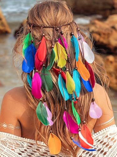 Zoestar Boho Feder Stirnband Regenbogen Kopfschmuck Perlen Hippie Indisches...