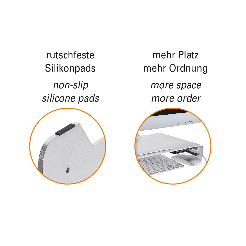 mywall HT46L - Supporto per monitor in alluminio con cuscinetti in silicone antiscivolo, supporto per monitor con 4 porte USB 2.0, supporto per schermi e computer portatili da 11 a 32 pollici, carico