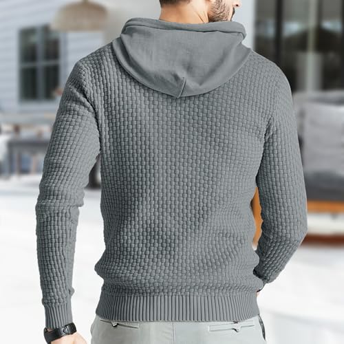 Men's Waffle Knit Hooded Sweatshirt Casual Long Sleeve Pullover Soft Knitted Lounge Sweater Top2