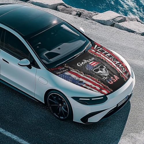 Image of Car Hood Cover Protector Waterproof Auto Hood Wrap Blankets Veterans Day Decorations Auto Patriotic Decorative Accessories for Sedans SUVs Pickup Trucks (USA Flag Skeleton Soldier Design)