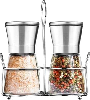 Salt and Pepper Grinder Set with Matching Stand, Amison Stainless Steel Adjustable Coarseness Salt and Pepper Mills Set of 2- Silver