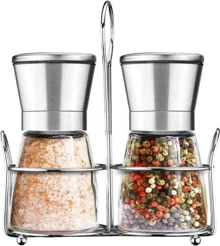 Salt and Pepper Grinder Set with Matching Stand, Amison Stainless Steel Adjustable Coarseness Salt and Pepper Mills Set of 2- Silver