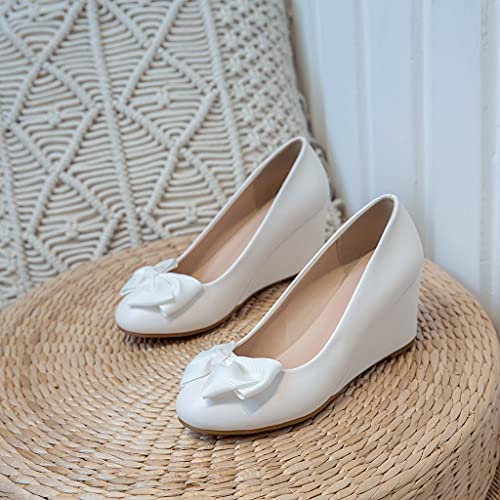 MIOKE Women's Round Toe Mid Wedge Heel Pumps Bow Slip-On Leather Comfortable Chunky Walking Dress Shoes4