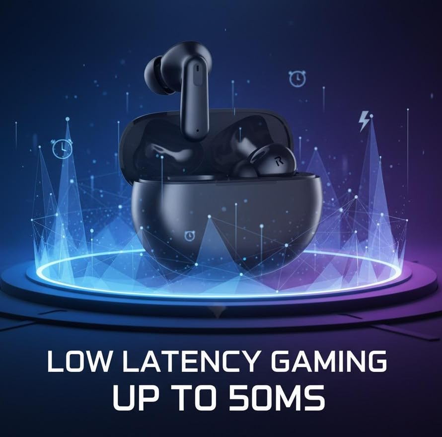 Image of Buds 3 TWS with ENC Bluetooth V5.4 Wireless Headphones, 40Hrs Playtime, Deep Bass, Low Latency, Stereo Calls, Snug-fit TWS Earbuds, Smooth Touch Control & Fast Charging, Black