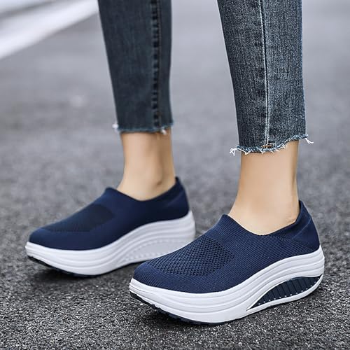 Image of Women's Knitted Platform Slip On Walking Sneakers,Comfort Lightweight Arch Support Non Slip Casual Mesh Breathable Workout Work Shoes