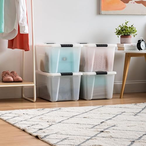 Image of IRIS USA 40 Qt Stackable Plastic Storage Bins with Lids, 4 Pack - BPA-Free, Made in USA - Discreet Organizing Solution, Latches, Durable Nestable Containers, Secure Pull Handle - Pearl