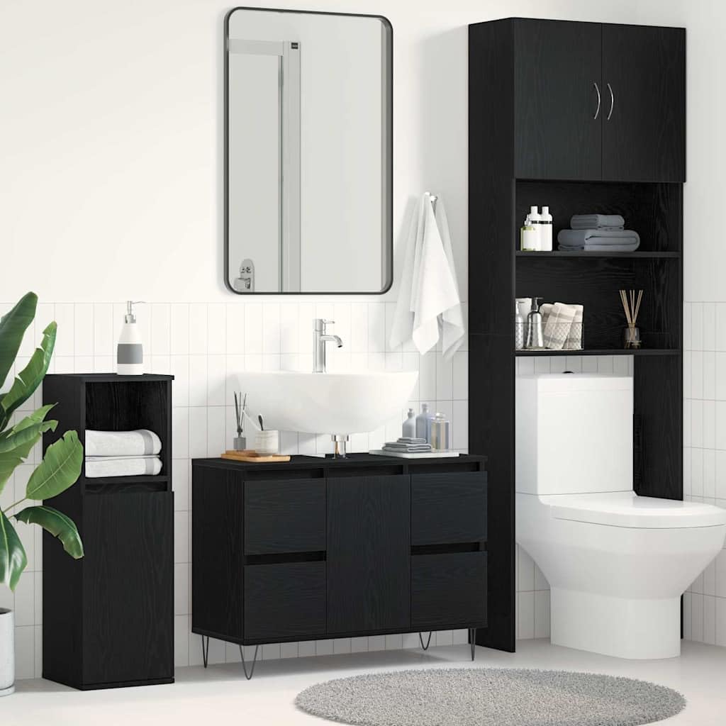 Szafka pod umywalkę, czarna, imitacja dębu, wykonana z materiału drewnopochodnego, 80 x 33 x 60 cm, z 4 szufladami i regałem, mebel łazienkowy, miejsce do przechowywania łazienki, WC dla