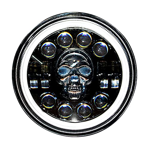 Image of Miwings Round LED Skull Style Hi /Low Beam 75W H4 Headlight Compatible with Royal Enfield, Jeep, Thar, Motorcycle, Cars, Harley Davidson, Amber & White, 7 inch