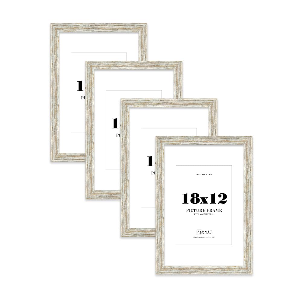 18x12" Distressed White Oak Picture Frame with A4 Mount - Aged Photo Frame with Distressed Finish, Wall Hooks, 32mm Edge - 4 Pack