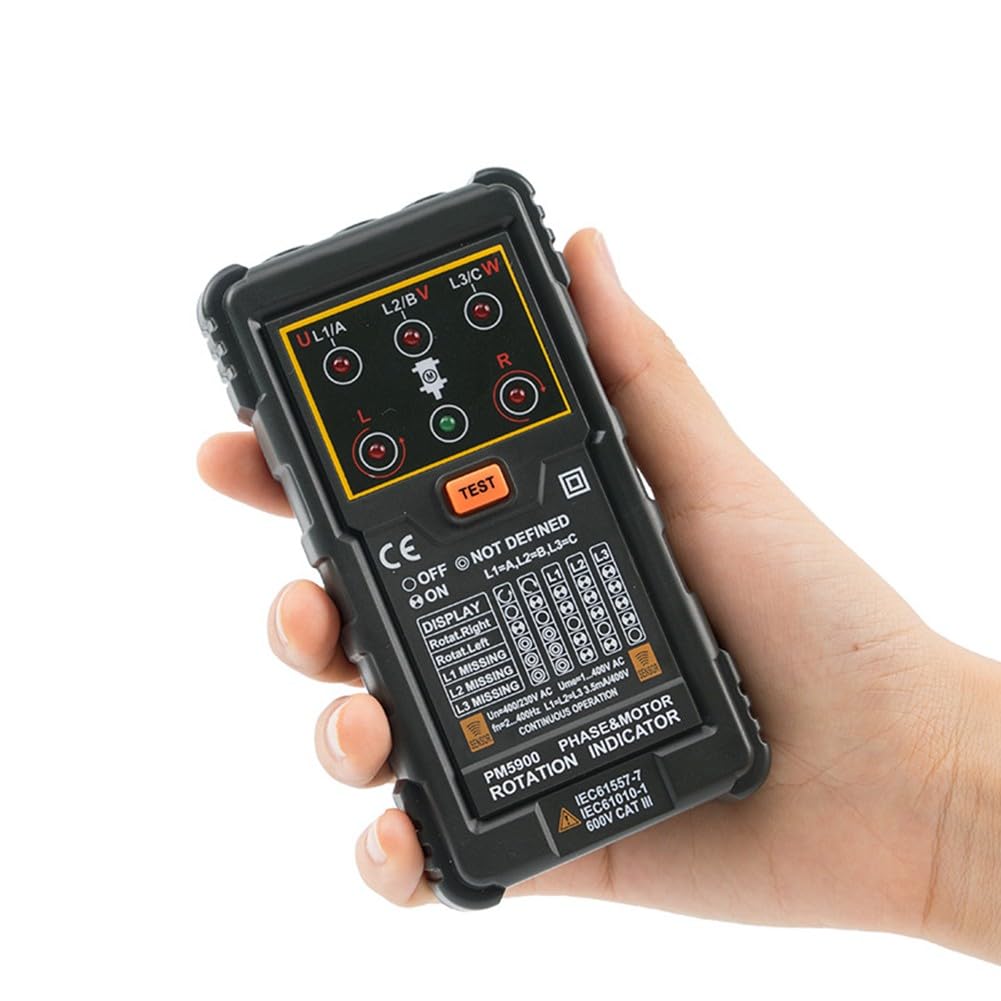 Wskaźnik obrotu fazy silnika PM5900 do systemów trójfazowych, zakres napięcia 120 V-400 V, bezdotykowe wykrywanie obrotów silnika, wizualne wskazanie kierunku R/L, dla bezpieczeństwa CE CAT