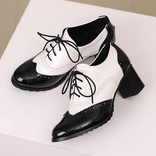 Pivapam Womens Vintage Oxfords Shoes Chunky High Heels Lace Up Wingtip Two Tone Perforated Saddle Pumps Shoes thumb #6
